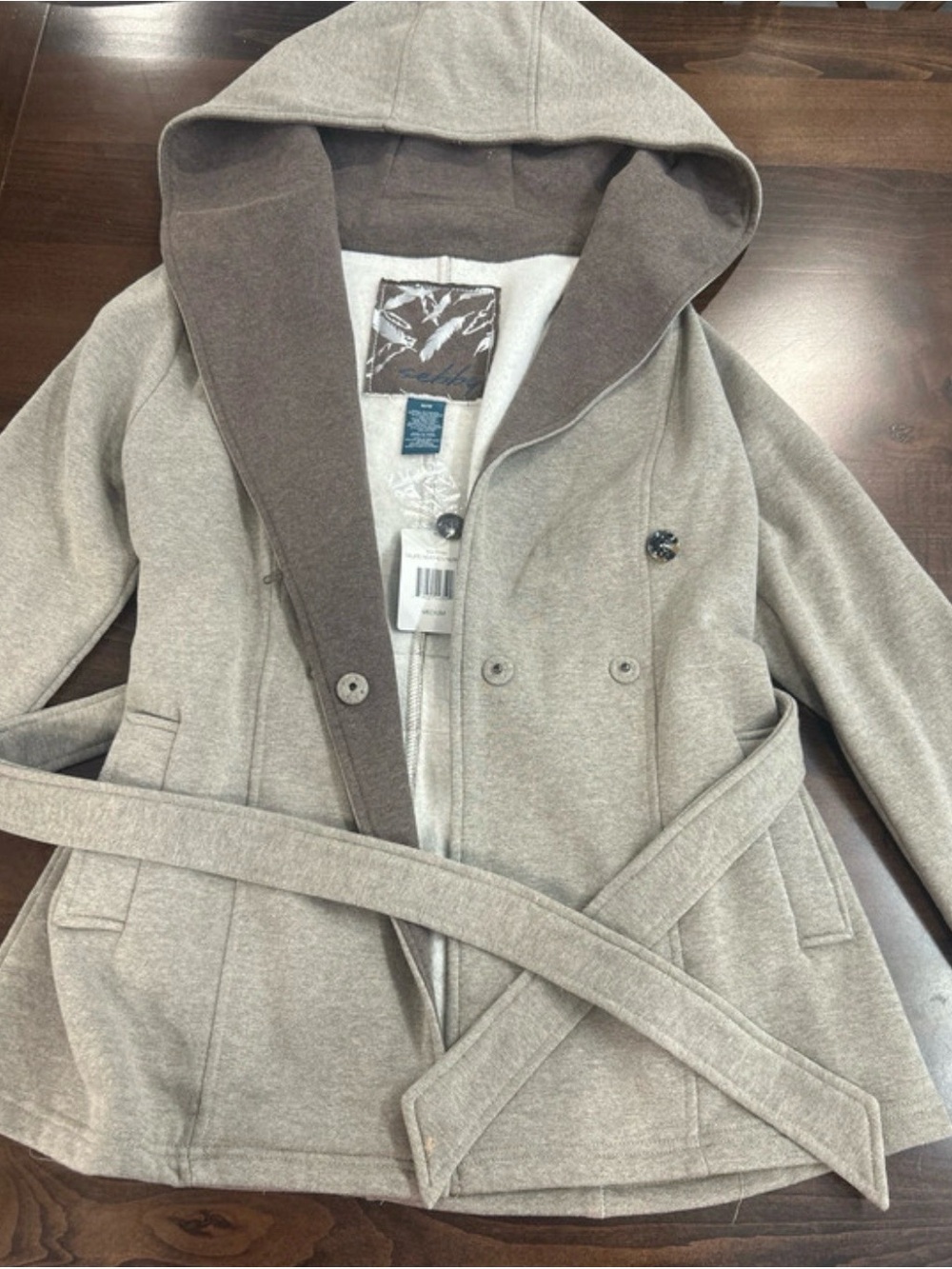 Sebby Kids Hooded Belted Pea Coat in Light Taupe
